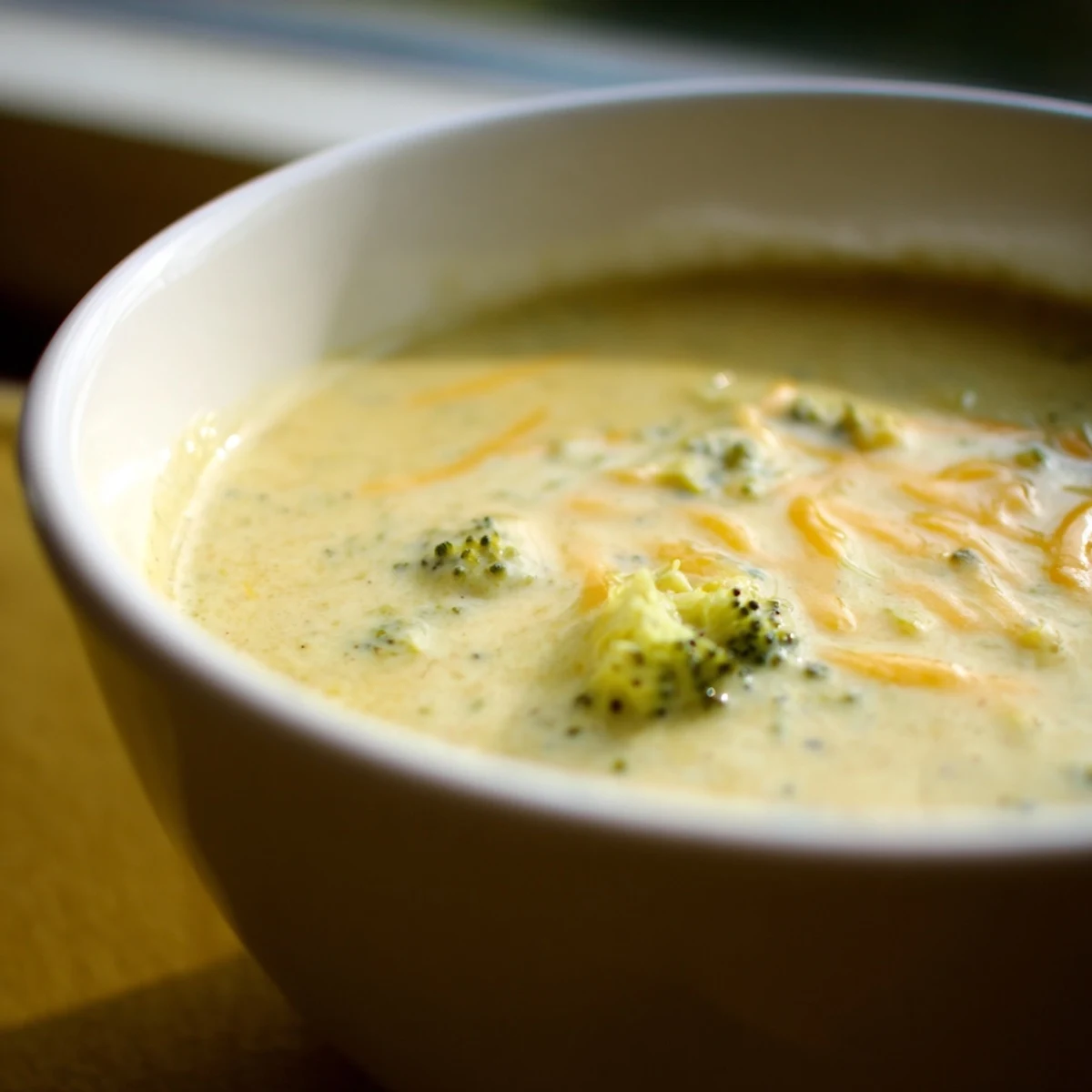 A bowl of creamy broccoli cheddar soup topped with roasted florets and melted sharp cheddar, served with crusty bread.  