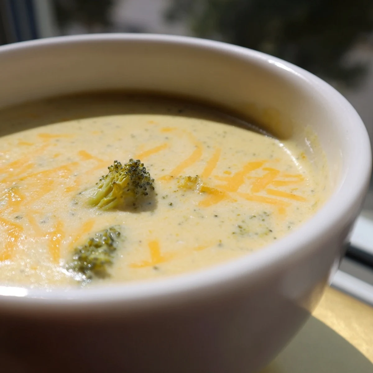 Homemade broccoli cheddar soup garnished with extra cheese and herbs, ready to warm a chilly evening.