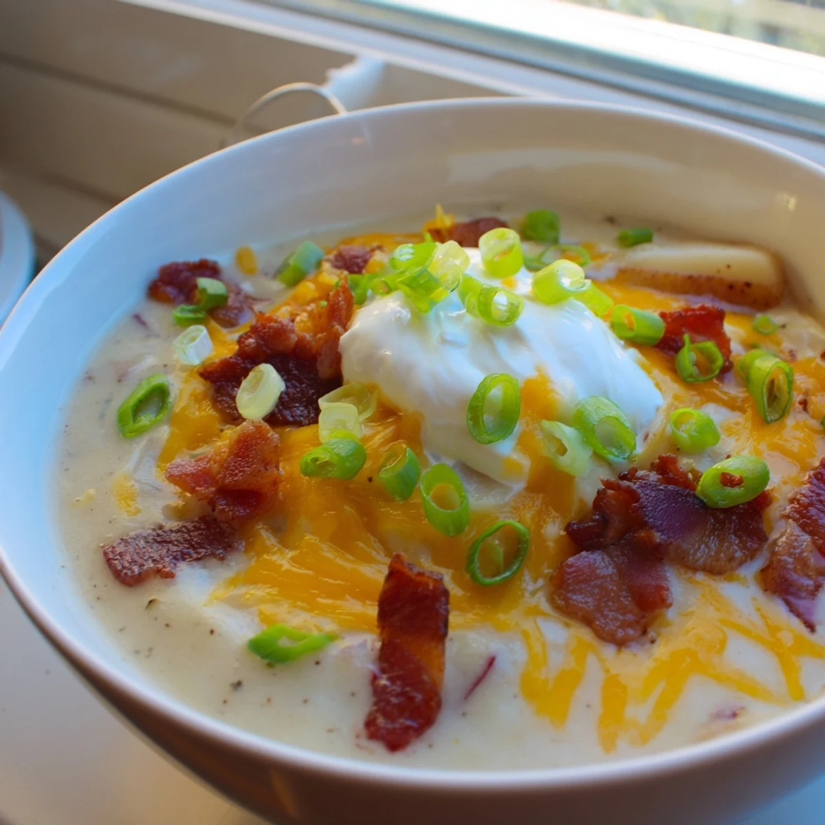 Creamy loaded baked potato soup in a rustic bowl, topped with crispy bacon bits, shredded cheddar, and sliced green onions.  