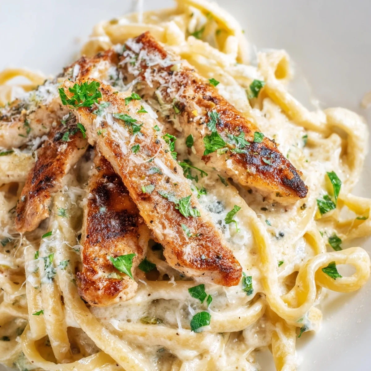 Hearty one-skillet chicken Alfredo features juicy chicken breast and al dente pasta in a rich, creamy Parmesan sauce.