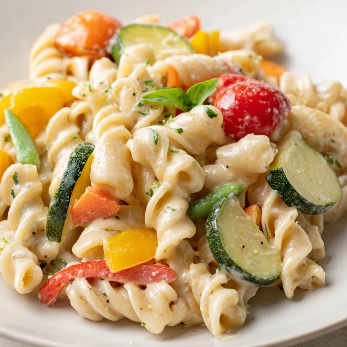 A close-up of One-Pot Creamy Pasta Primavera with colorful zucchini, bell peppers, and cherry tomatoes glistening in creamy sauce.  