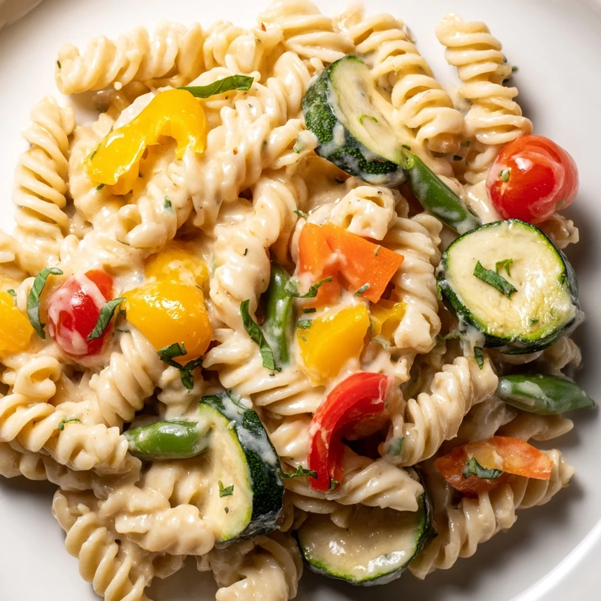 Steaming One-Pot Creamy Pasta Primavera served in a white bowl with fresh basil and grated Parmesan garnish.  