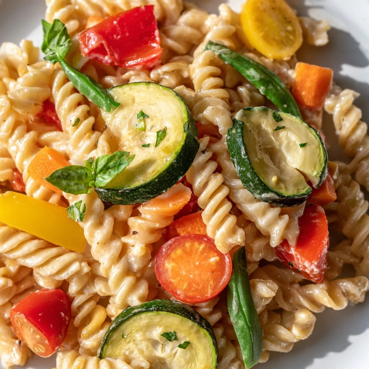 Overhead view of One-Pot Creamy Pasta Primavera featuring al dente pasta and vibrant vegetables tossed in rich cream sauce.