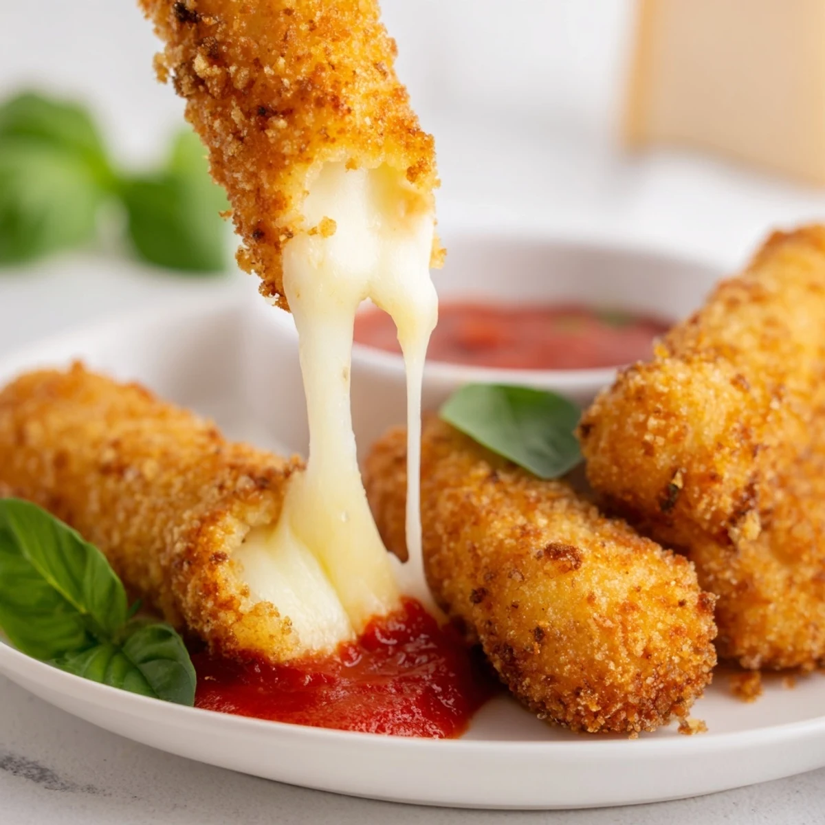 Four servings of golden air fryer mozzarella sticks on a platter, perfectly melted and paired with dipping marinara.