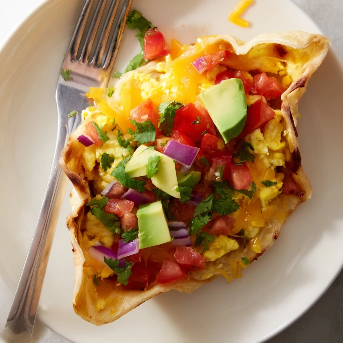 Crispy tortilla cups topped with diced tomatoes, red onions, and fresh avocado slices.