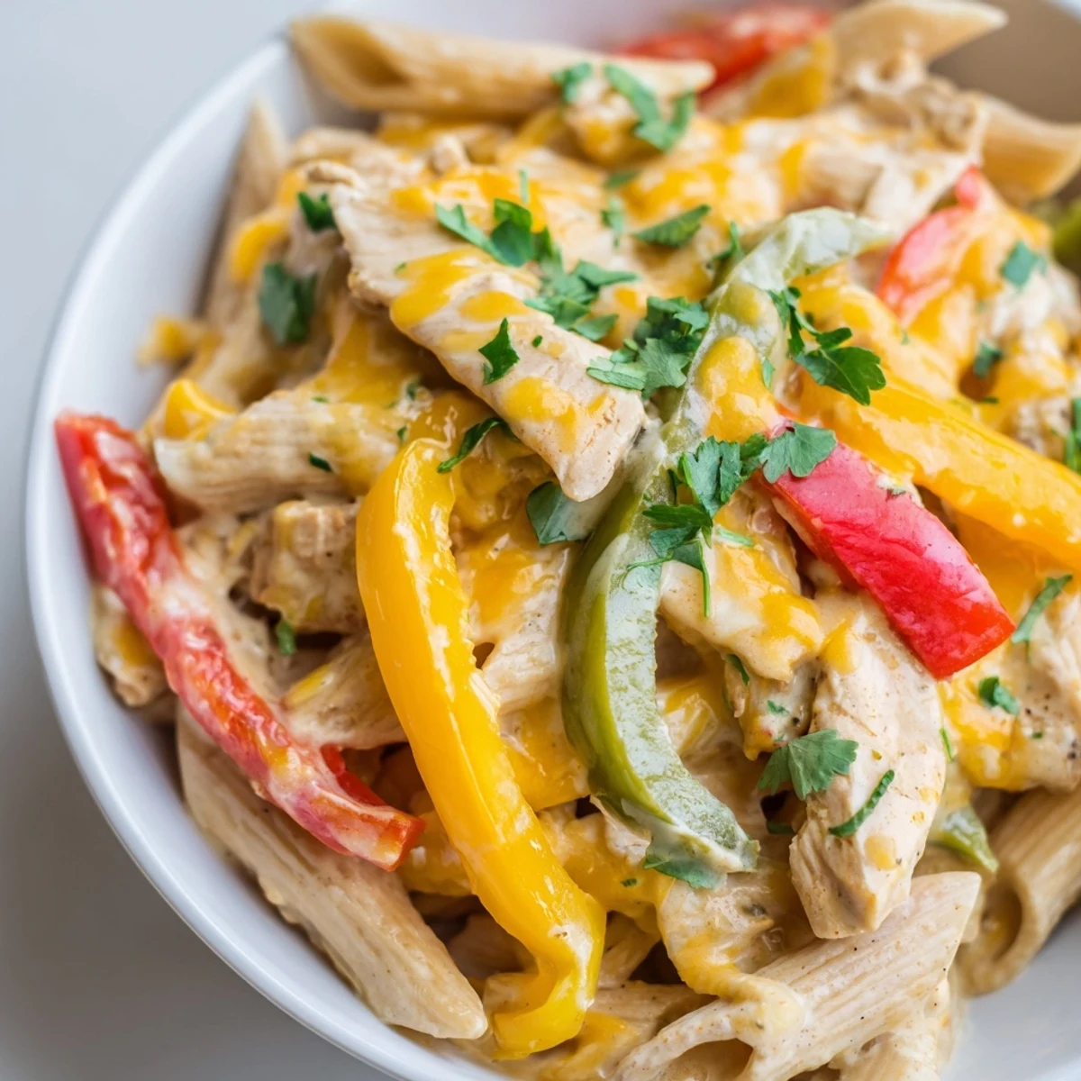 Bright orange cheddar melts over creamy pasta in a deep skillet, with sautéed strips of chicken, red, yellow, and green bell peppers, and onions for a sizzling Chicken Fajita Pasta Skillet.