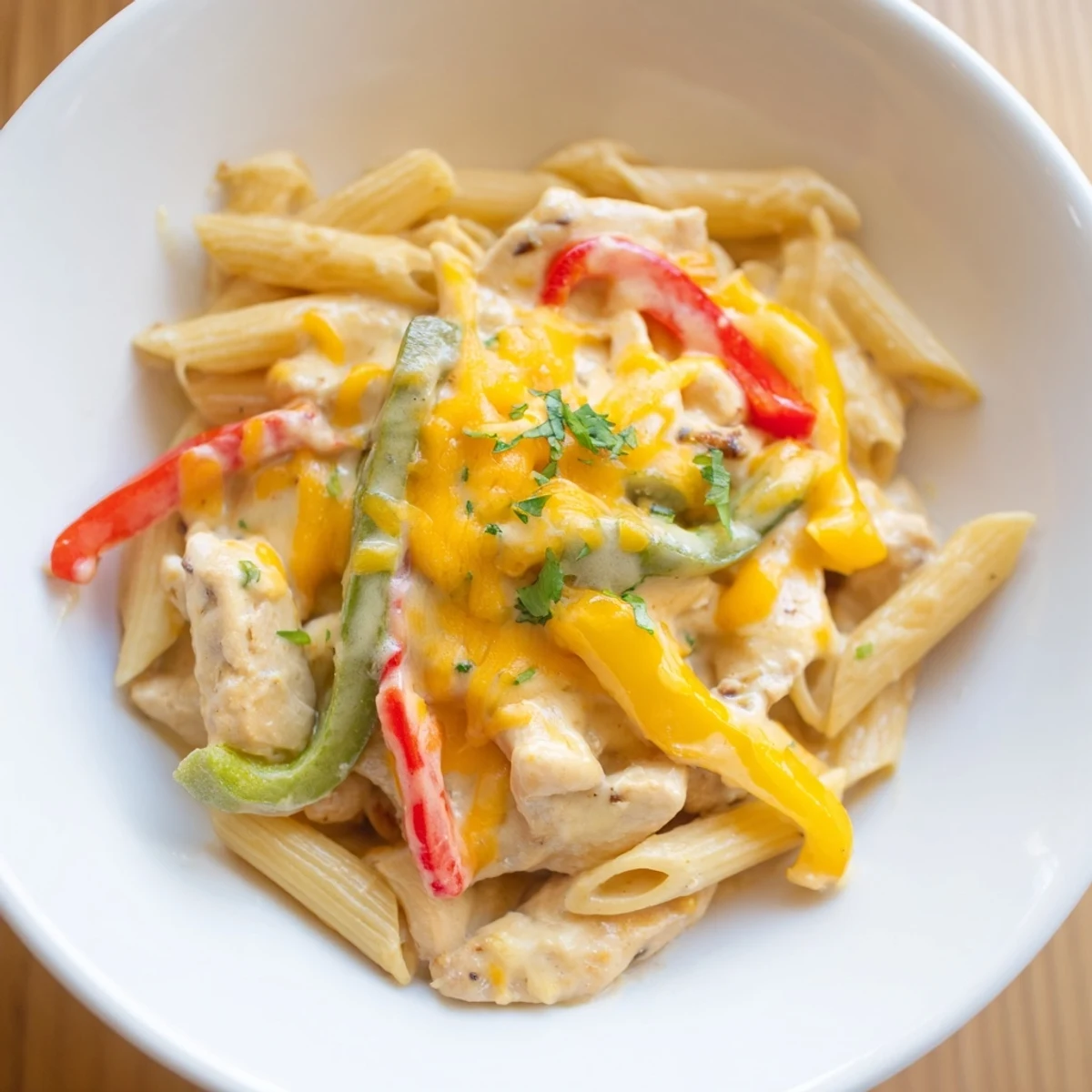 Close-up of a savory Chicken Fajita Pasta Skillet showing melted cheese, al dente pasta, and vibrant, seasoned chicken and vegetables, ready to be served for a family-style Tex-Mex meal.