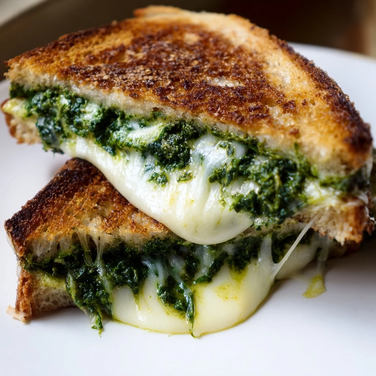 Golden, crispy sourdough grilled cheese sandwiches oozing with melted mozzarella and cheddar, spread with vibrant spinach pesto.