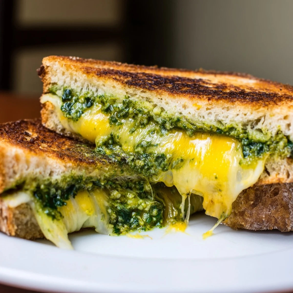 A close-up of a golden, crispy grilled cheese sandwich filled with vibrant spinach pesto and melted mozzarella.
