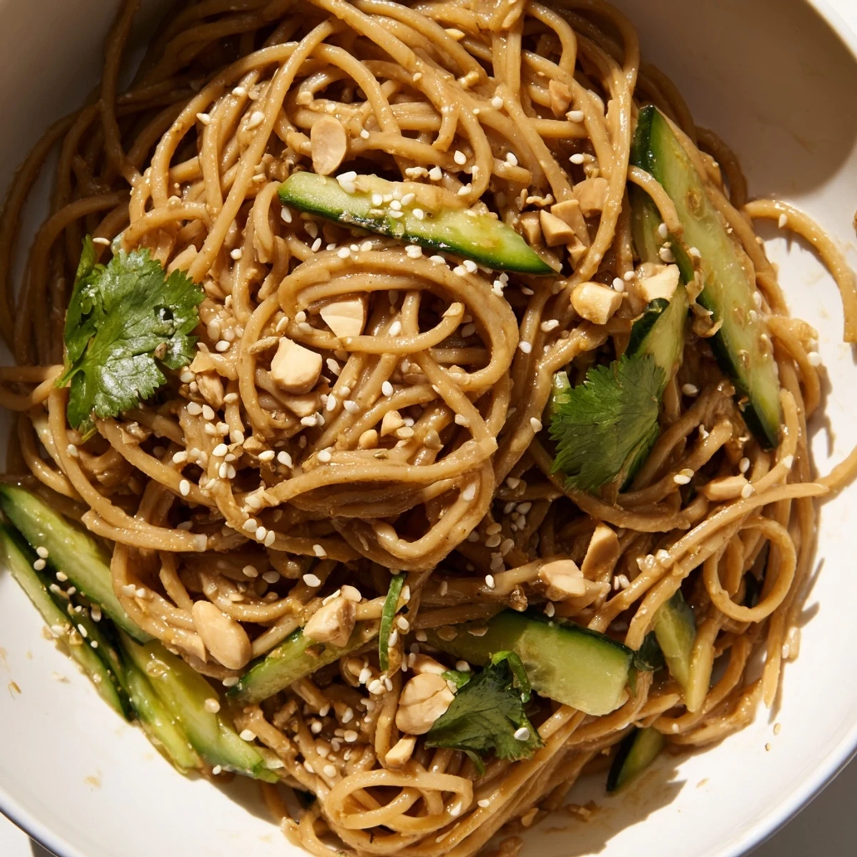 A close-up of Spicy Sesame Noodle Salad showing glossy noodles coated in chili oil, topped with fresh cucumber ribbons and toasted sesame seeds.