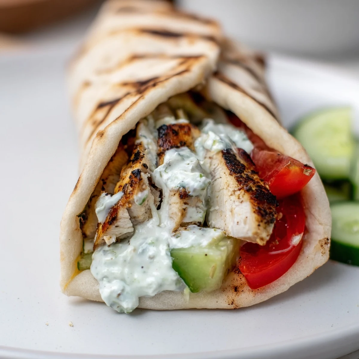 A creamy dollop of homemade tzatziki sauce is spread across warm pita before adding toppings.