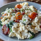 Fluffy scrambled eggs with creamy cottage cheese and colorful sautéed vegetables for a protein-rich breakfast.