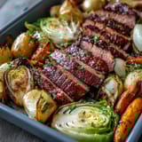 A colorful sheet pan dinner with tender corned beef slices, roasted cabbage wedges, and golden potatoes, perfect for a hearty Irish-American meal.