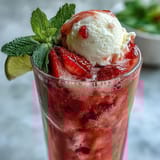 Creamy strawberry daiquiri float with bubbly sparkling water, garnished with lime and strawberry slices.