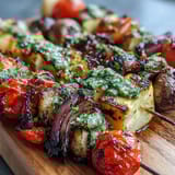 Vibrant vegetable skewers grilled to smoky perfection, served with fresh herby chimichurri sauce for a summer feast.  