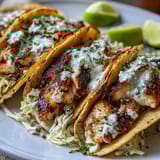 Zesty grilled fish tacos with coconut lime marinade, served with crunchy cabbage slaw and tangy crema.  