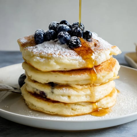 Fluffy ricotta pancakes, golden brown and drizzled with syrup, ideal for a weekend brunch.