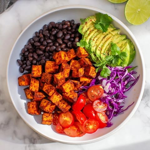 Vibrant Sweet Potato Taco Bowls with roasted vegetables, creamy avocado, and zesty lime dressing.
