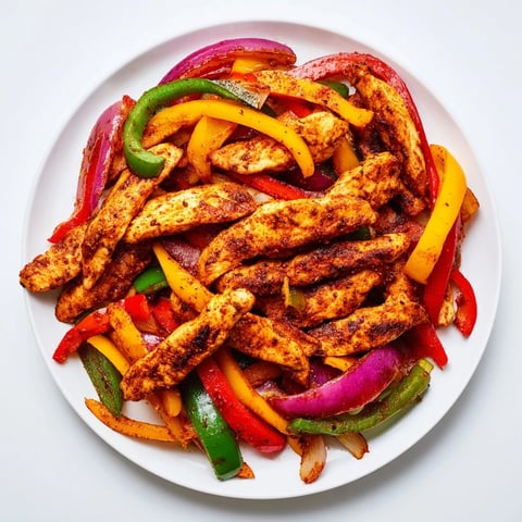 Sheet pan chicken fajitas, sizzling with perfectly charred bell peppers and tender chicken, ready to enjoy.