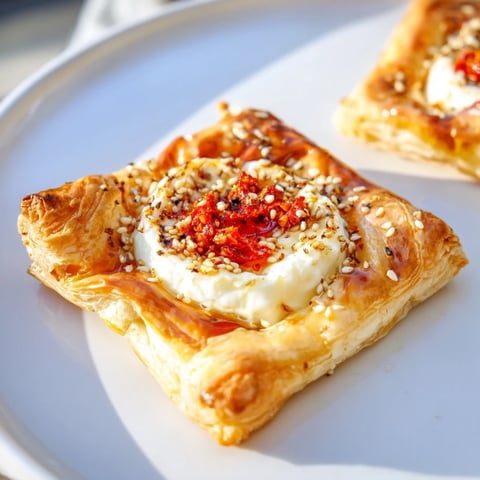 Golden, flaky Chili Crisp Honey Brie Bites, baked and glistening, perfect party appetizers with spicy and sweet flavors.