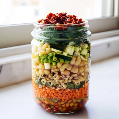 A layered jar of Minestrone Soup, with vibrant diced carrots, zucchini, and spinach packed over pasta and lentils.