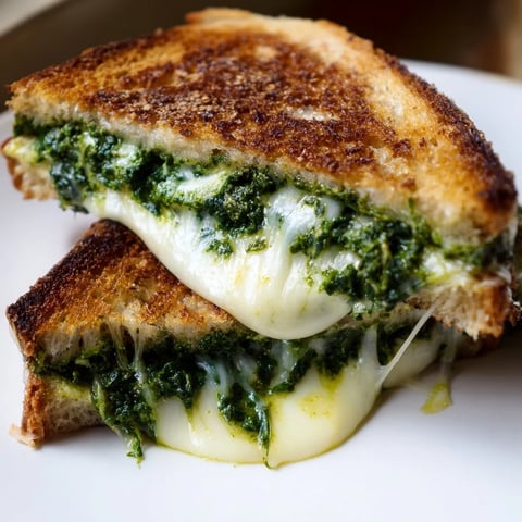 Golden, crispy sourdough grilled cheese sandwiches oozing with melted mozzarella and cheddar, spread with vibrant spinach pesto.