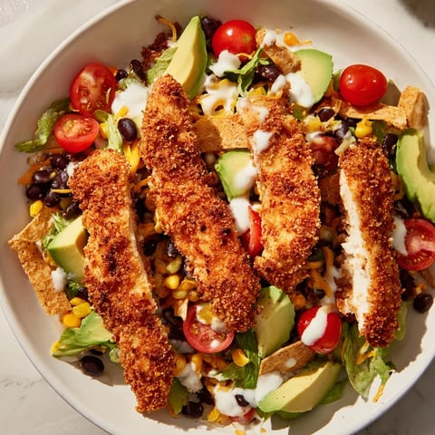 Golden, panko-crusted chicken strips are piled high on a bed of crisp romaine, black beans, corn, and fresh avocado.