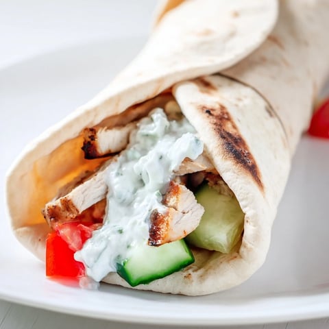 Freshly grilled chicken strips with oregano rest on soft pita bread ready for Greek Chicken Wrap assembly.