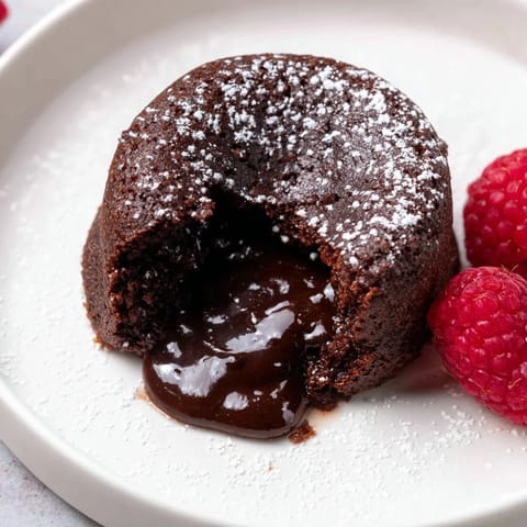 Rich dark chocolate mini lava cakes, dusted with powdered sugar, ready for serving with berries.
