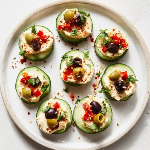 Quick hummus and cucumber bites: Cool cucumber rounds crowned with creamy hummus and vibrant red pepper garnish.