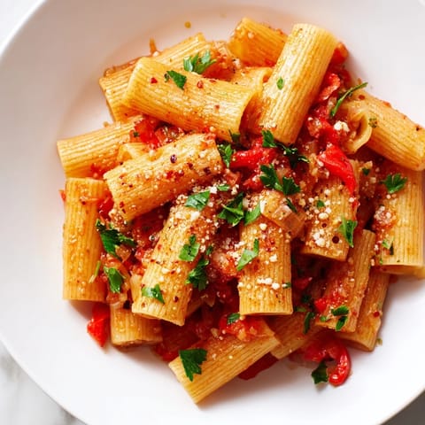 Close-up of One-Pot Diavola Spicy Pasta garnished with fresh parsley and Parmesan cheese, ready to serve.