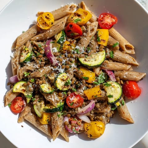 Plate of Lentil Pasta with colorful roasted vegetables, topped with fresh herbs, a Mediterranean delight.