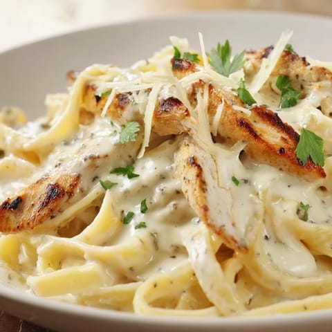 A close-up of tender skillet chicken Alfredo, with glossy sauce coating every pasta noodle, perfect for a quick weeknight dinner.  