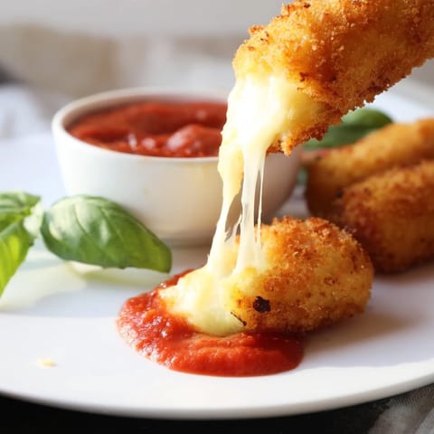 Fresh basil garnishes these cheesy, crunchy air fryer mozzarella sticks beside a small bowl of red sauce.