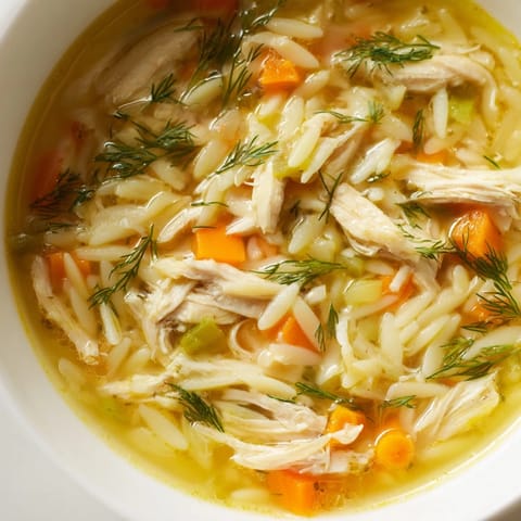 Hearty Chicken Lemon Orzo Soup in a white bowl, served hot with a lemon wedge on the side.  