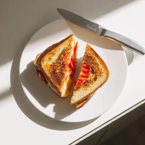 This close-up of a Pepper Jack & Tomato Grilled Cheese showcases melty cheese oozing from crispy, golden-brown bread slices.  