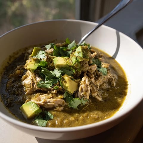 Tender shredded chicken simmered in a vibrant, tangy green tomatillo sauce, garnished with fresh cilantro and lime wedges.
