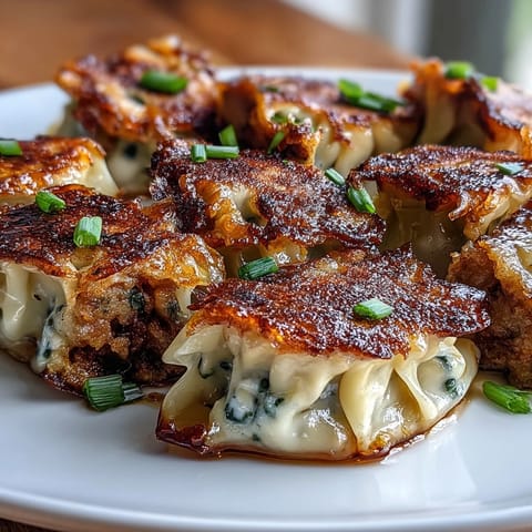 Golden-brown smashed gyozas sizzling in a skillet, their crispy bottoms glistening next to a small bowl of tangy dipping sauce.  