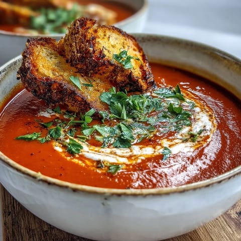 A vibrant red pepper soup topped with crunchy golden croutons and fresh parsley.