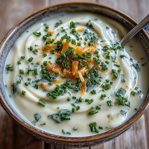 A close-up of Cream of Potato Soup in a white bowl, with crumbled bacon and a swirl of cream.