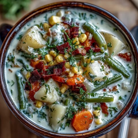 This cozy Amish Snow Day Soup is ladled into rustic bowls alongside crusty bread for a comforting meal.
