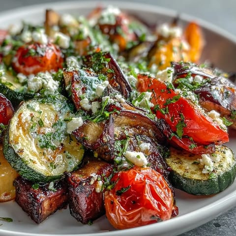 Roasted Mediterranean Greek Vegetables, just out of the oven and garnished with crumbled feta and fresh parsley for a vibrant finish.