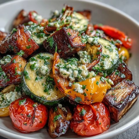Serve this warm Roasted Mediterranean Greek Vegetables as a colorful side dish alongside grilled chicken or flaky fish.