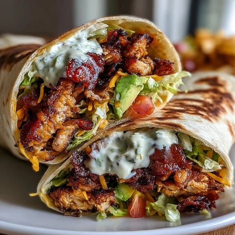 A diagonally sliced Crispy Chicken Bacon Wrap revealing melted cheese, creamy avocado, and smoky bacon inside.