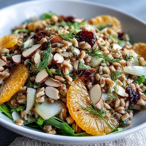 Tossed Mediterranean Farro Salad Bowl with Fennel, Oranges & Almonds glistens with zesty orange vinaigrette over hearty grains and crisp vegetables.