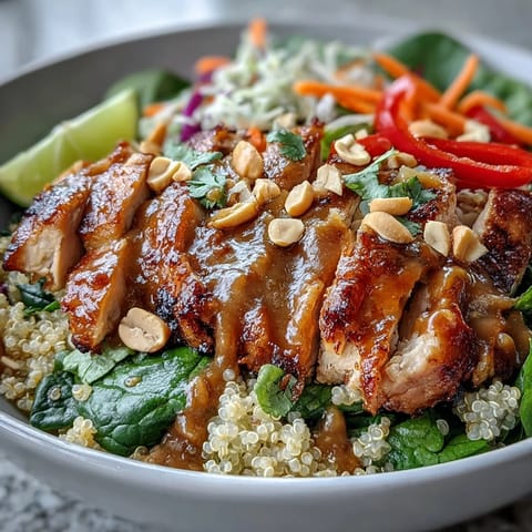 A vibrant, protein-packed Peanut Chicken Power Bowl with tender baked chicken, crunchy purple cabbage, and a drizzle of spicy peanut sauce, served with lime wedges for zest.