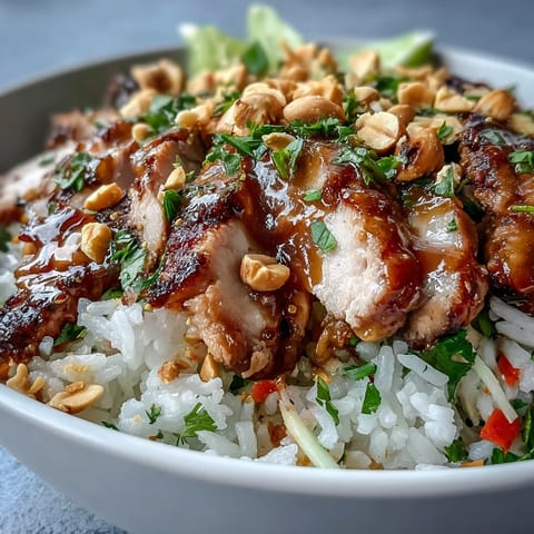 Coconut Rice Peanut Bowl topped with juicy grilled chicken, crisp cabbage, and carrots, drizzled with creamy peanut sauce.