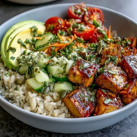 This customizable Simple Grain Bowl features grilled chicken, fresh veggies, and a drizzle of lemon dressing for a healthy lunch.