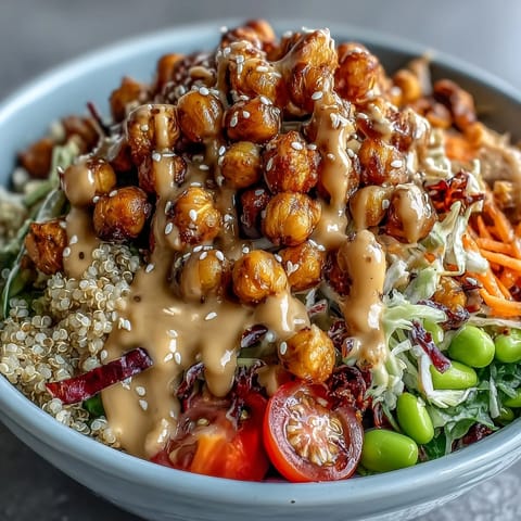 A colorful bowl of Peanut Chickpea Protein Bowl features golden chickpeas, cabbage, carrots, and sesame seeds with a drizzle of sauce.