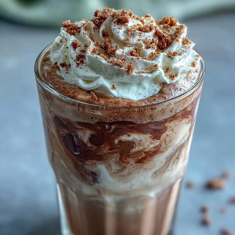 Creamy Hojicha milkshake topped with whipped cream and crushed nuts, served in a chilled glass.